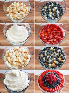 six pictures of different desserts in bowls with strawberries, blueberries, raspberries, and cream cheese