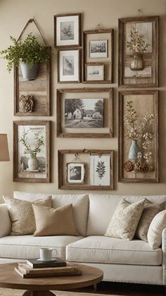 a living room filled with lots of pictures on the wall above a white couch and coffee table