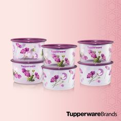 three tupperware containers with purple flowers on them and the words tupperware