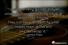 an acoustic guitar with a quote from jimmy page on the top right hand side and bottom left corner