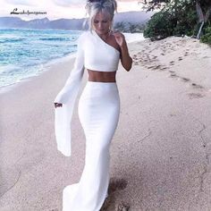 NumberSea-NumberSea Two Piece Wedding Dress Mermaid One Shoulder Sexy All White Party Outfits, One Shoulder Dress Long, 50th Bday, Girls Maxi Dresses, Evening Dresses Cocktail, Streetstyle Fashion, Dresses Cocktail, White Outfit