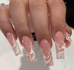 pretty long press on nails, white swirls and pearls on them <3 Square Press On Nails, Nails Size, Acrylic Glue, Press On Nails Long, Long Square Nails, Square Nail Designs, Nude Nail Designs, Fake Nails With Glue