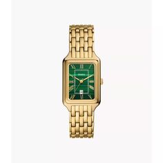 The rectangular Raquel watch is a new classic, updated for the current moment. Slim and versatile, this one-of-a-kind timepiece features a genuine malachite stone dial, three-hand date movement and a brushed and polished gold-tone 7-link bracelet. Trending Watches For Women, Gold Watches, Watch Trends, Fossil Watch, Fossil Watches, Malachite Stone, Three Hands, Yellow Gold Engagement Rings, 2025 Vision