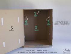 an open cardboard box with numbers on the front and bottom, labeled in green lettering