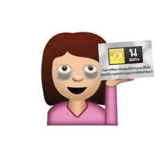 a woman holding up a business card in front of her face with the letter x on it