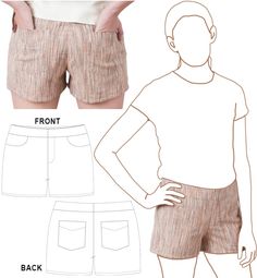 the front and back view of shorts with pockets on each side, showing how to fit them