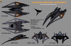 some sort of futuristic fighter plane with different parts to it's side and front view