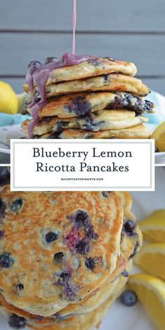 blueberry lemon ricotta pancakes stacked on top of each other