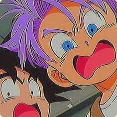 an animated image of two children with purple hair and blue eyes looking at something in the distance