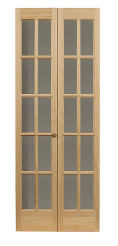 a pair of doors with glass panels on the front and back sides, in light wood