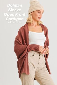 Featuring an open front design, and a dolman long sleeve, and a relaxed fit, this cardigan is perfect for easy layering and versatile styling. Available in multiple colors. Open Front Cardigan, Casual Elegance, Spring Collection, Front Design, Dolman Sleeve, Summer Wardrobe, Front Open