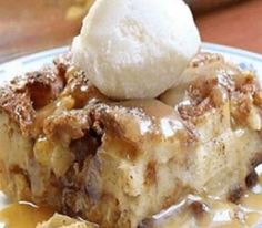 a piece of bread pudding with ice cream on top