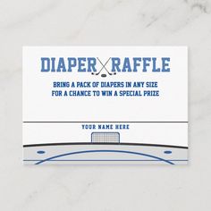 a business card with the words diaper raffle and hockey stickers on it