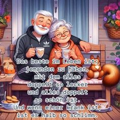 an elderly couple sitting on a bench drinking coffee and smiling at each other with flowers in the background