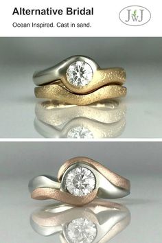 two different types of wedding rings with diamonds on top and bottom, one in gold and the other in silver