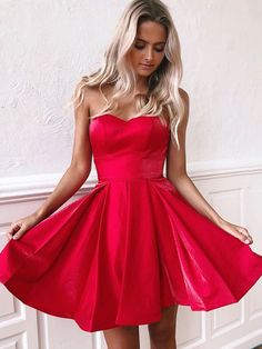 Cute Strapless Backless Red Homecoming Dresses Short Prom Dresses, Backless Red Formal Dresses, Red Evening Dresses, Graduation Dresses Red Homecoming Dresses Short, Strapless Homecoming Dresses, Red Formal Dresses, Short Satin Dress, Short Red Prom Dresses, Dress With Corset, Formal Ball Gown, Satin Homecoming Dress, Red Homecoming Dresses