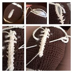 crocheted footballs are being stitched together to make the ball look like it is