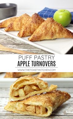 puff pastry apple turnoverers on a plate with an apple in the background and text overlay that reads puff pastry apple turnoverers