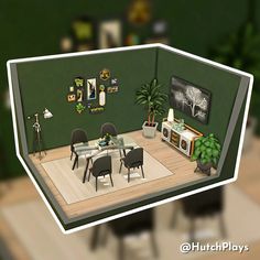 an animated view of a living room and dining area