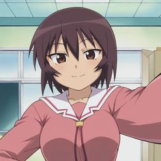 an anime character with short hair and brown eyes, wearing a pink shirt in front of a window