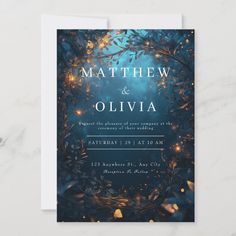 an elegant wedding card with lights and leaves on the front, in dark blue tones