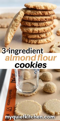 three ingredient almond flour cookies stacked on top of each other with text overlay that reads 3 ingredient almond flour cookies