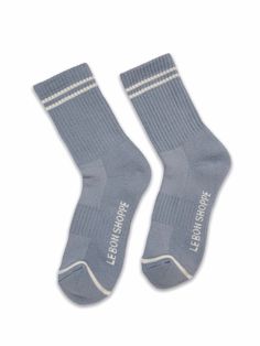 Le Bon Shoppe Boyfriend socks in blue grey. Stay fly all year long in these calf length sports socks. Pair with sneakers or sliders. Perfect for work from home. One size fits most. 85% cotton, 13% polyester, 2% spandex. Fair trade made in Korea. PIPE AND ROW Boyfriend Socks, Sports Socks, Sport Socks, Individual Style, Fair Trade, Sliders, Work From Home, Blue Grey, Gray Color