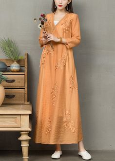 Plus Size Orange Embroideried Lace Up Linen Dress Bracelet SleeveFabric: Cotton 45%, Linen 55%Size & Fit: Fit: This garment fits true to size.Length: Size S measures 49.92"from shoulder to hemBust: Great for any cup size. Waist: Loose Fit. Comfortable room throughout midsection.Hip: Loose Fit - room for hips. Hand Wash Cold. Orange Long Sleeve Dress With Floral Embroidery, Bracelet Sleeve, Comfortable Room, Cup Size, Linen Dress, Loose Fitting, Hand Wash, Lace Up, Plus Size