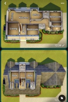 two views of a house from above and below, with the floor plan for each room