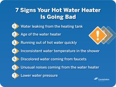 the 7 signs you're hot water heater is going bad info graphic on blue background