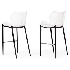 two white bar stools with black legs and arms in front of a white background