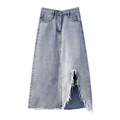 Introducing our Bleached Distressed Maxi Denim Skirt from our 2023 Spring-Summer Collection ââ‚?a ageless piece that will bring an urban yet elegant flair to your wardrobe!Distinctive Features: 90s Style: Inspired by the iconic sub-pop movement. this skirt has a sleek slim-shape and exudes an effortlessly cool attitude. Distressed Design: Expertly crafted with a damaged pattern. this skirt captures a raw. unfiltered essence. A-Line Cut: Designed to hug your silhouette while ensuring comfort. Hig Spring Straight Leg Skirt With Frayed Hem, Spring Straight-leg Skirt With Frayed Hem, Summer Ripped Light Wash Skirt, Summer Light Wash Ripped Skirt, Spring High Waist Ripped Skirt, Distressed Mid-rise Summer Skirt, Summer Distressed Denim Blue Skirt, Spring Distressed Denim Skirt, Summer Distressed Denim Skirt