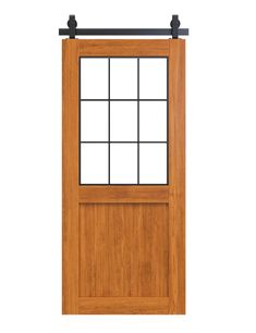 a wooden door with glass and metal bars on the top, against a white background