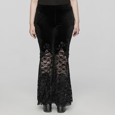 Elevate your gothic wardrobe with our Women's Gothic Rose Lace Splice Flared Pants. These stunning pants are crafted from high-quality elastic velvet, offering both comfort and a luxurious feel. The unique design features elastic lace patchwork at the bottom, creating a striking contrast and adding a touch of delicate elegance to the overall look. 
 
The flared pants silhouette gives a nod to vintage fashion, while the floral embroidery on both sides adds a rich, gothic-inspired detail that enha Pants Silhouette, Gothic Wardrobe, Plus Size Gothic, Plus Size Goth, Gothic Mode, Gothic Pants, Simple Tank Tops, Gothic Rose, Punk Rave