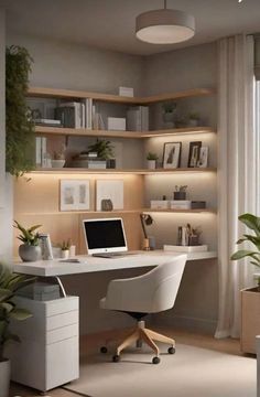 a white desk with a laptop on it in front of a window and bookshelves