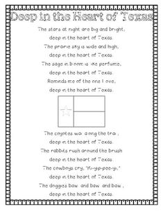 the poem deep in the heart of texas is shown on a white background with black and white lines