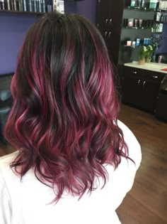 Pink Ombre On Black Hair, Dark Pink Hair Underneath, Magenta Streaks In Black Hair, Pink Highlight In Black Hair, Brunettes With Pink Highlights, Bayalage Brunette Pink, Fuschia Highlights Brown Hair, Black Pink Ombre Hair