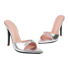 Shop Silver Stiletto Heel Open Toe Mule Sandals color Silver for Anniversary, Ball, Date with worldwide Free shipping & Free return. Silver Mules For Summer Parties, Silver High Heel Mules For Summer, Silver Pointed Toe Mules For Summer, Summer Silver Pointed Toe Mules, Ladies Sandals, Mule Sandals, Drop Ship, Peep Toe Heels, Shoe Size Chart