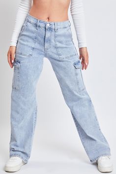 Utilitarian function meets retro design in these super cute Women’s High Rise Straight Leg Cargo Jeans. This stretchy denim jean features vintage-inspired pork chop front pockets, patch back pockets, and flap cargo pockets on either side. Complete with an elastic waistband for a comfortably snatched waist and a straight cut that creates the illusion of longer, leaner legs. Style these cargos with a fitted crop top and sneakers for a trendy streetwear look! Product Details- High-Rise - Zip Fly wi