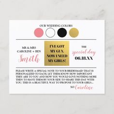 wedding advice card with gold foil and pink, black and white circles on the front