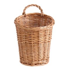 a wicker basket with handle on a white background