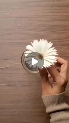 a person holding a paper flower on top of a wooden table next to a video player