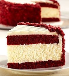 red velvet cake with white frosting on top and side by side pictures showing the layers