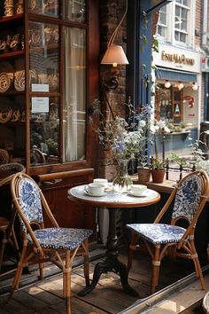 two chairs and a table in front of a store window with flowers on the windowsill