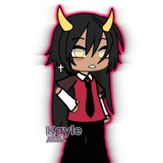 an anime character with horns on her head and black hair, wearing a red shirt