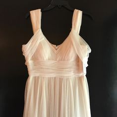 Never Worn. Originally Over $200. Pretty Fabric, Well Made, And Comfy Gown! White Tulle Maxi Dress For Evening, White Sleeveless Tulle Bridesmaid Dress, Spring Wedding Empire Waist Evening Dress, Spring Wedding Evening Dress With Empire Waist, White Prom Gown With Ruched Bodice, White Gown With Ruched Bodice For Prom, White Gown With Sweetheart Neckline, White Prom Gown With Pleated Bodice, White Sweetheart Neckline Gown