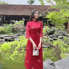 Very Cute Special Design Of 3d Floral Dress For Vietnamese Lunar New Year Red Elegant Cheongsam For Spring, Elegant Red Cheongsam For Spring, Elegant Red Summer Cheongsam, Red Short Sleeve Ao Dai For Party, Elegant Summer Ao Dai For Festive Occasions, Elegant Summer Festive Ao Dai, Red Ao Dai For Summer, Red Cheongsam For Spring Festivals, Red Cheongsam For Spring Festive Occasion