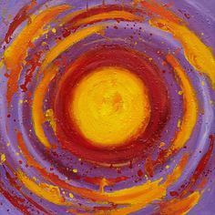 an abstract painting with yellow and red circles in the center on a purple background,