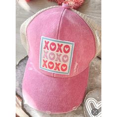 Valentine Hat Express Your Love In Style This Valentine's Day With A Playful Pattern Of Xoxos Featured On This Distressed Baseball-Style Hat With Snap-Back Closure. *Hat Is Meant To Look Worn And Distressed. Playful Pink Cotton Baseball Cap, Casual Pink Hats With Letter Print, Playful Pink Hat With Letter Print, Playful Pink Hats With Letter Print, Cute Pink Hats With Letter Print, Cute Pink Hat With Letter Print, Trendy Pink Hats With Letter Print, Valentine Hats, Usa Cap