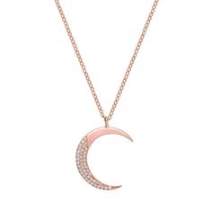 Crescent Diamond Jewelry For Formal Occasions, Formal Crescent Diamond Jewelry, Fine Jewelry Crescent Necklaces With Single Cut Diamonds, Rose Gold Sterling Silver Necklace With Single Cut Diamonds, Elegant Crescent Jewelry With Diamond Accents, Crescent Shaped Fine Jewelry For Formal Occasions, Formal Crescent Fine Jewelry, Luxury Sterling Silver Crescent Necklace, Fine Jewelry Crescent Necklaces With Diamond Accents